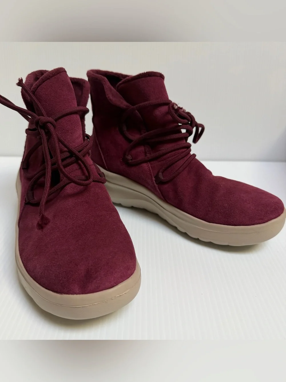 Skechers Burgundy Suede Lace-Up Pull On Ankle Boots - lightweight